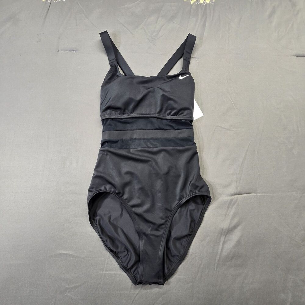Nike Black Mesh Panel One Piece Swimsuit Women's Size L Athletic - Picture 3 of 12